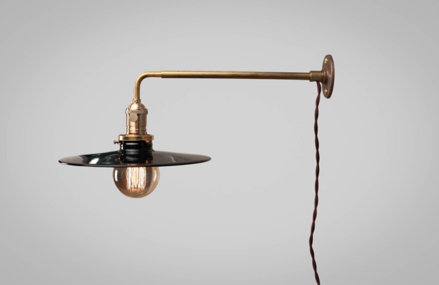Vintage Industrial Wall Mount Light - Solid Brass Railroad Sconce Machine Age Trouble Lamp Art Deco Flat Enamel Shade - image 1