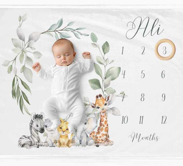 Personalised Animals Milestone Blanket, Mat For Boy, Baby Age Watercolour Leaves Safari Blanket - image 1