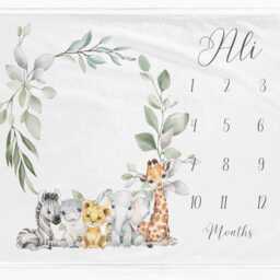 Personalised Animals Milestone Blanket, Mat For Boy, Baby Age Watercolour Leaves Safari Blanket - thumbnail 2