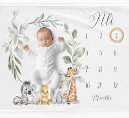 Personalised Animals Milestone Blanket, Mat For Boy, Baby Age Watercolour Leaves Safari Blanket - thumbnail 1