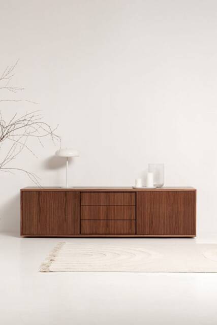 "Scandinavian Sideboard With Sliding Doors & Drawers, Walnut, 3 Drawers ""Mint" - image 1