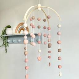 Blush Heart Felt Ball Nursery Mobile - Wooden Arch Baby Decor - thumbnail 2