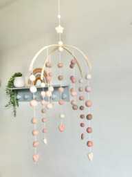 Blush Heart Felt Ball Nursery Mobile - Wooden Arch Baby Decor - thumbnail 1