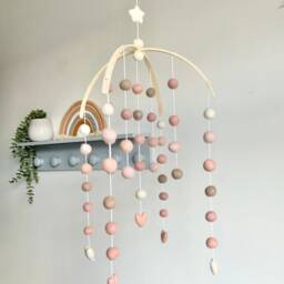 Blush Heart Felt Ball Nursery Mobile - Wooden Arch Baby Decor - thumbnail 3