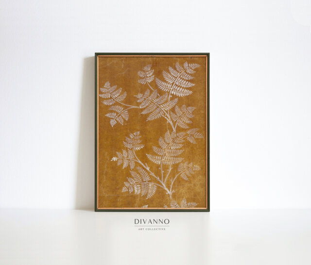 Vintage Rustic Textile Autumn Print, Burnt Orange Wall Art, Antique Fern Tapestry Printable, Botanical Pattern Poster, Fall Canvas, Art Gift - image 1