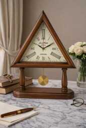 Vintage Triangle Wooden Table Clock With Pendulum - Silent Desk Roman Numeral Mantel Classic Home Decor Gift