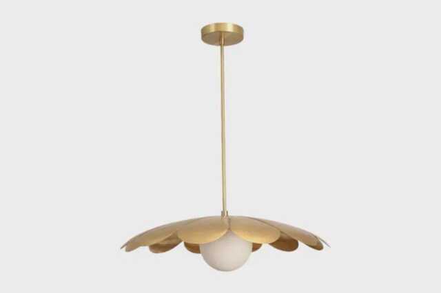 Mid Century Brass Sputnik Chandelier, 1 Light Flower Globe Ceiling Fixture, Modern Pendant Light, Statement Lighting - image 1