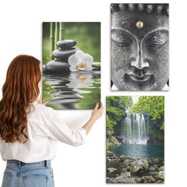 Canvas Set Of 3 - Harmony Nature With Stones, Water & Buddha, Green Photo Print, Travels Wall Decor - image 1