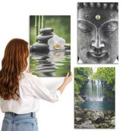 Canvas Set Of 3 - Harmony Nature With Stones, Water & Buddha, Green Photo Print, Travels Wall Decor
