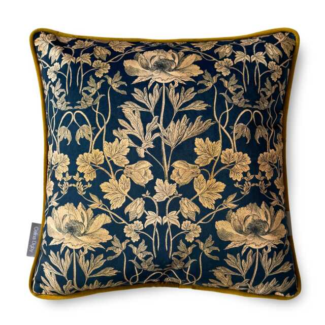 Celina Digby?? Luxury Designer Velvet Cushion Cover Pillow, Floral Design With Gold Piping, Four Seasons Summer, Navy Blue & Gold, in 2 Sizes - image 1