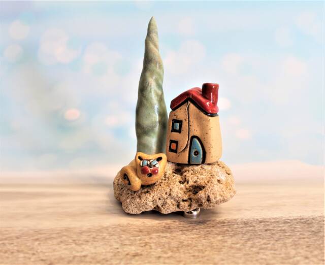 Ceramic House With A Tree & Cat On Mediterranean Stone, Cool Art Sculpture For Lover - image 1