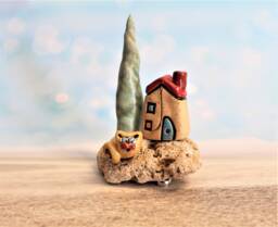 Ceramic House With A Tree & Cat On Mediterranean Stone, Cool Art Sculpture For Lover - thumbnail 1