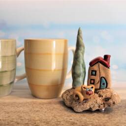 Ceramic House With A Tree & Cat On Mediterranean Stone, Cool Art Sculpture For Lover - thumbnail 4
