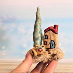 Ceramic House With A Tree & Cat On Mediterranean Stone, Cool Art Sculpture For Lover - thumbnail 3
