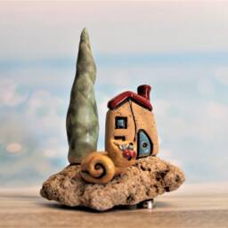 Ceramic House With A Tree & Cat On Mediterranean Stone, Cool Art Sculpture For Lover - thumbnail 2