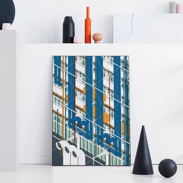 Centre Pompidou France Modern Architecture Art Print - Graphic Illustration Abstract Poster Minimalist Beaubourg - image 1