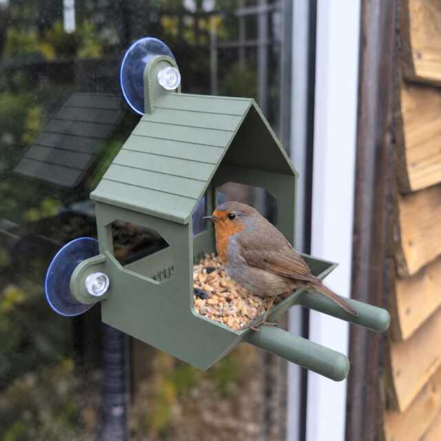 Window Bird Feeder With Suction Cups - Green House Design, Two Sizes - image 1