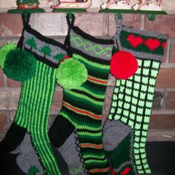 Hand Knit Christmas Stocking Gray Green Vertical Stripe Fir Tree Detail By Santa's Works - thumbnail 3