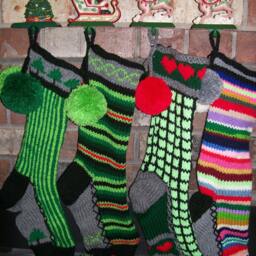 Hand Knit Christmas Stocking Gray Green Vertical Stripe Fir Tree Detail By Santa's Works - thumbnail 4