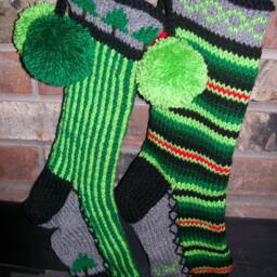 Hand Knit Christmas Stocking Gray Green Vertical Stripe Fir Tree Detail By Santa's Works - thumbnail 2
