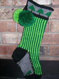 Hand Knit Christmas Stocking Gray Green Vertical Stripe Fir Tree Detail By Santa's Works