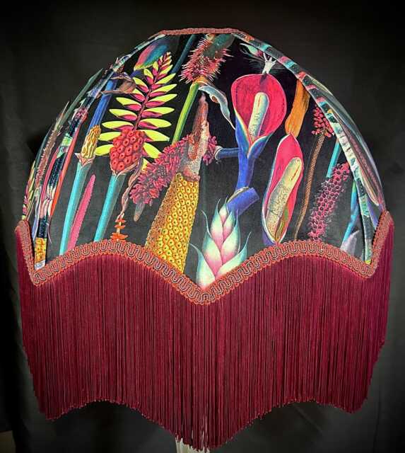 Handmade Botanical Velvet Lampshade Burgundy Fringe Trim, UK Made - image 1