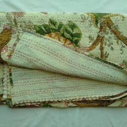 Indian Beige Color Handmade Floral Pattern Kantha Quilt, Bedspread Perfect Bed Matching Size-Multi - thumbnail 4