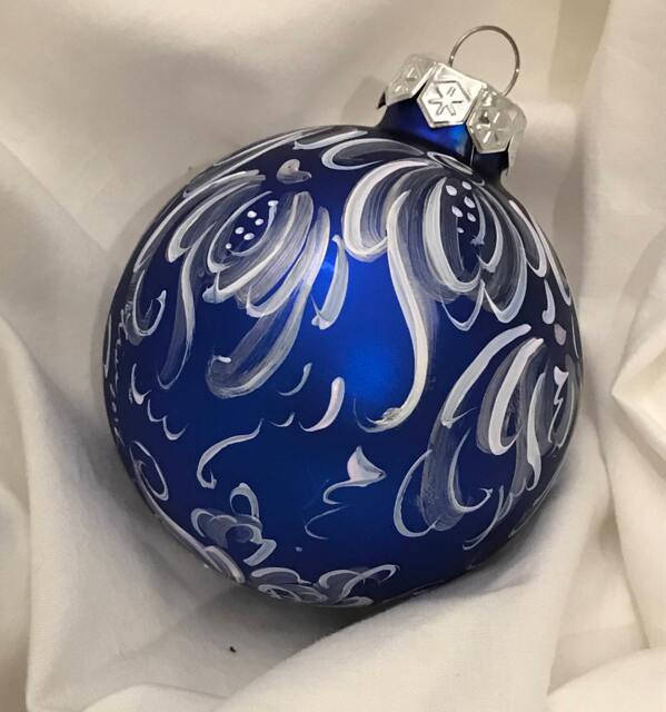 Hand Painted Rosemaling Matte Blue Ornament Silver Cascading Flowers Norwegian Folk Art - image 1