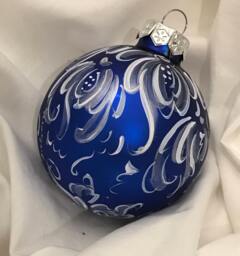 Hand Painted Rosemaling Matte Blue Ornament Silver Cascading Flowers Norwegian Folk Art
