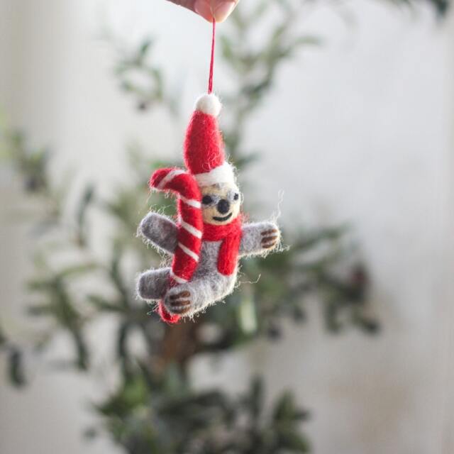 Felted Sloth Ornament, Christmas Handmade Sloth, Tree Decor, Wool Santa Animal Ornament - image 1