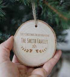 Personalised New Home Christmas Ornament Engraved Wood Log Slice - thumbnail 1
