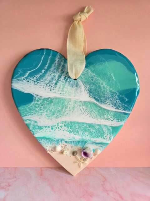 Personalised Pink & Blue Ocean Resin Heart, Gift For Mum, Heart Hanging Decoration, Coastal Ornaments, Sea Beach - image 1