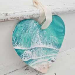 Personalised Pink & Blue Ocean Resin Heart, Gift For Mum, Heart Hanging Decoration, Coastal Ornaments, Sea Beach - thumbnail 3