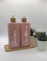 Personalised Pink Square Soap Dispenser Bottle With White Bamboo Pump 250Ml & 500Ml