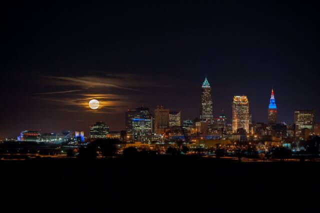 Cleveland Ohio Skyline With Super Moon Photograph Wall Art Print