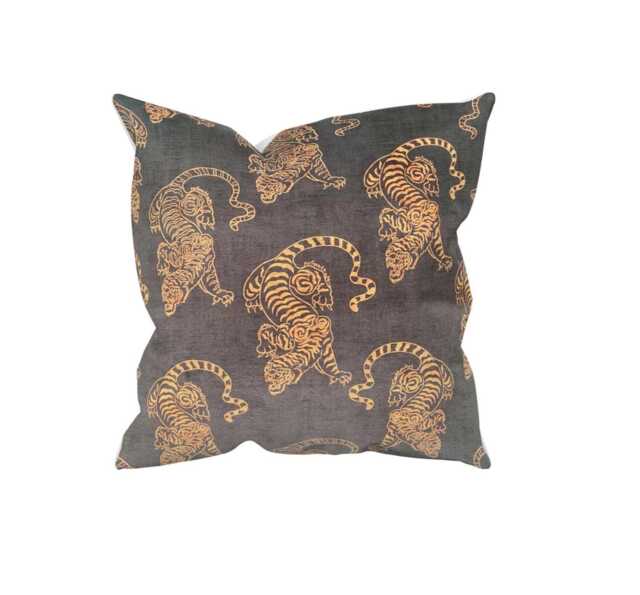 Shanghai Tigris Burnt Orange Velvet Feel Cushion, Handmade in UK - image 1