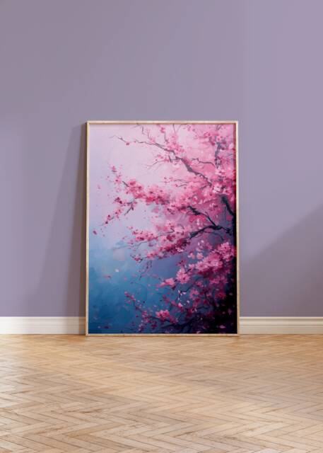 Cherry Blossom Art Print Abstract Sakura Branch, Blue & Pink Wall Decor - image 1