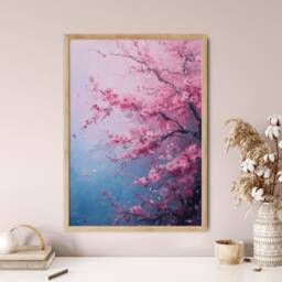 Cherry Blossom Art Print Abstract Sakura Branch, Blue & Pink Wall Decor - thumbnail 2