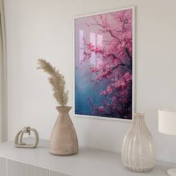 Cherry Blossom Art Print Abstract Sakura Branch, Blue & Pink Wall Decor - thumbnail 3