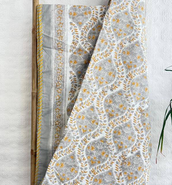 Pure Soft Cotton Indian Floral Dohar Reversible Bed/Sofa Throw Summer Light Quilt - Pastel White Muted Grey Mustard Mughal Motif - image 1