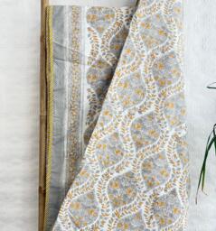 Pure Soft Cotton Indian Floral Dohar Reversible Bed/Sofa Throw Summer Light Quilt - Pastel White Muted Grey Mustard Mughal Motif - thumbnail 1