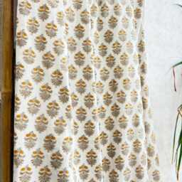 Pure Soft Cotton Indian Floral Dohar Reversible Bed/Sofa Throw Summer Light Quilt - Pastel White Muted Grey Mustard Mughal Motif - thumbnail 4