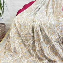 Pure Soft Cotton Indian Floral Dohar Reversible Bed/Sofa Throw Summer Light Quilt - Pastel White Muted Grey Mustard Mughal Motif - thumbnail 2