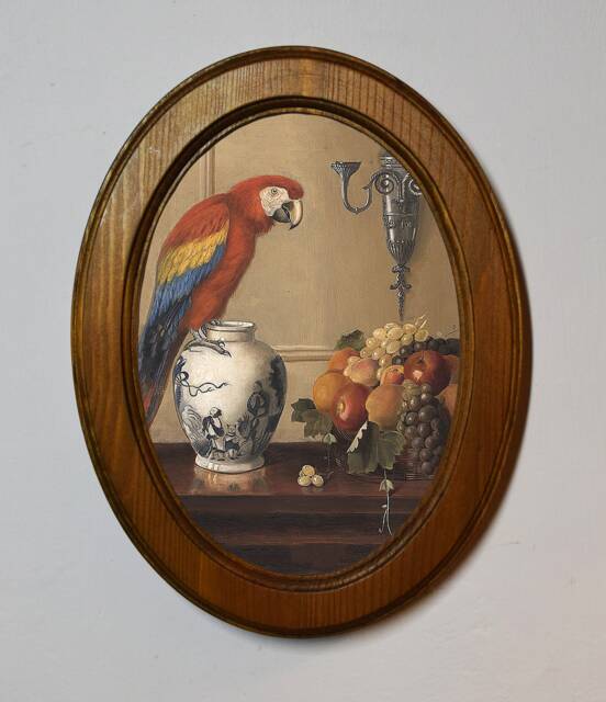 Oak Oval Framed Art Print, Alexander Pope, Macaw With Chinese Vase & Fruit - image 1