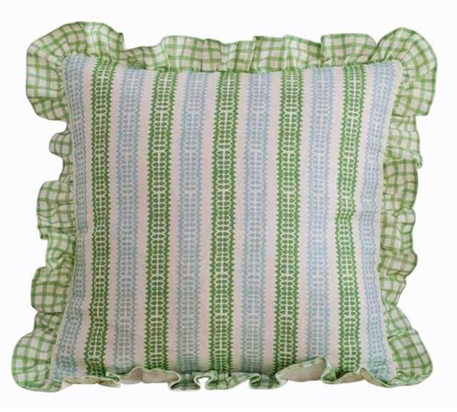 Brand New Limited Edition Charlotte Gaisford Totty Green Printed Linen Cushion Cover Ruffled in Check - image 1