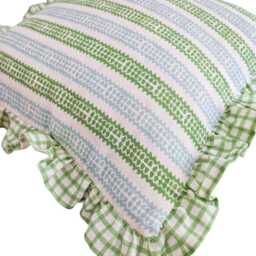 Brand New Limited Edition Charlotte Gaisford Totty Green Printed Linen Cushion Cover Ruffled in Check - thumbnail 3