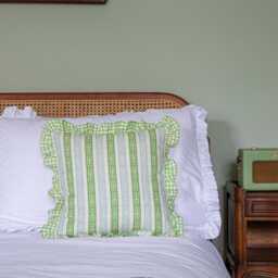 Brand New Limited Edition Charlotte Gaisford Totty Green Printed Linen Cushion Cover Ruffled in Check - thumbnail 2