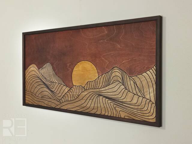 Minimalist Mountains Wood Wall Art, Mid Century Modern, Geometric Carved Landscape - image 1