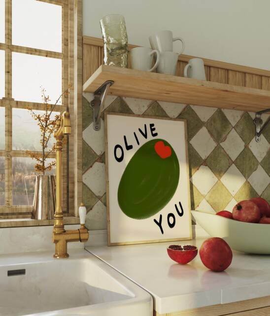 Olive You Unframed Print - I Love Food Art Kitchen Wall Poster Cute Decor Gifts Pun Under 20 - image 1