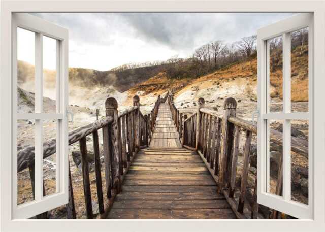 Wooden Bridge Wall Decal, Sticker, 3D Window View Nature Mural, Frame Living Room Home Decor